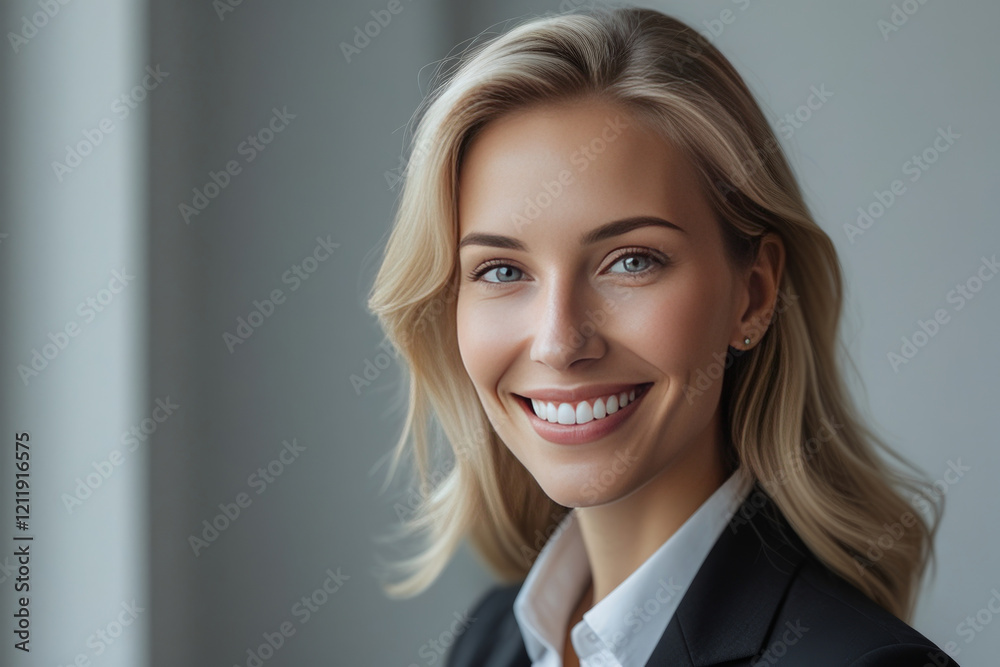 Confident smiling business woman in office looking at camera. Portrait. AI generated Confident smiling business woman in office looking at camera. Portrait. AI generated