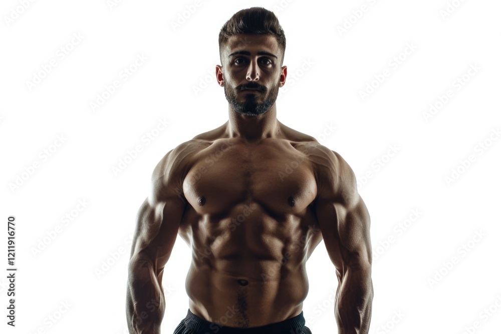 Fit man displaying muscles on white background. Fit man displaying muscles on white background.
