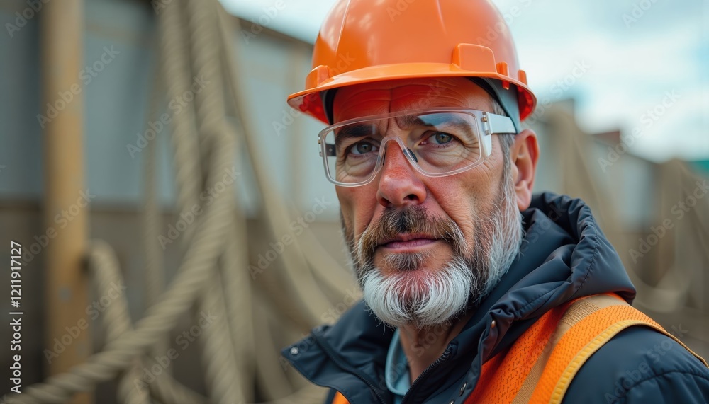 Close up view of a male construction worker wearing safety gear, including orange hard hat and reflective vest. Close up view of a male construction worker wearing safety gear, including orange hard hat and reflective vest.