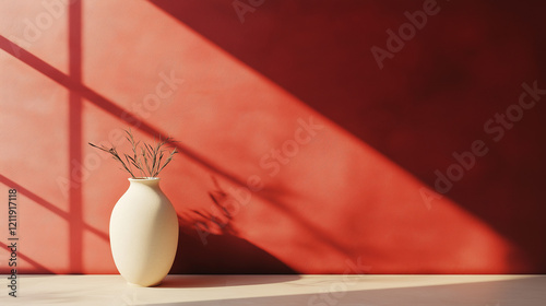 red wall and beige vase with flowers on the floor photo