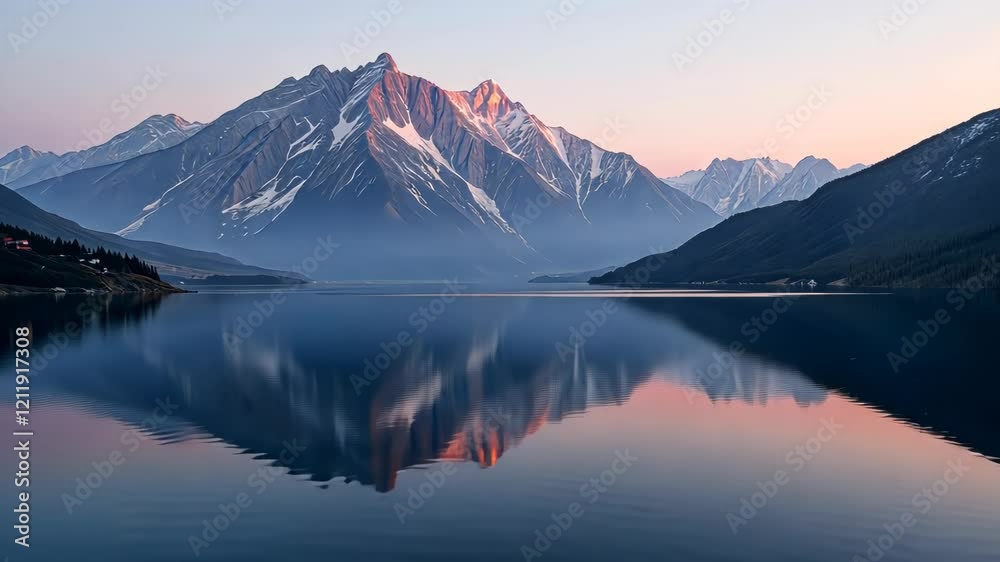 Mountain range reflected on calm lake at dawn. Mountain range reflected on calm lake at dawn.