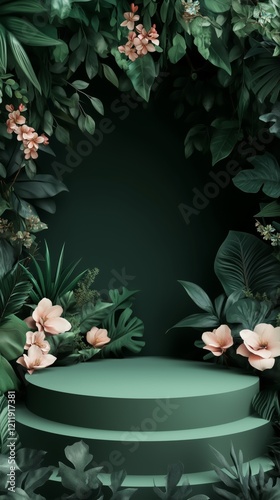 Green pedestal framed by flowers and leaves on a dark green background, product display case