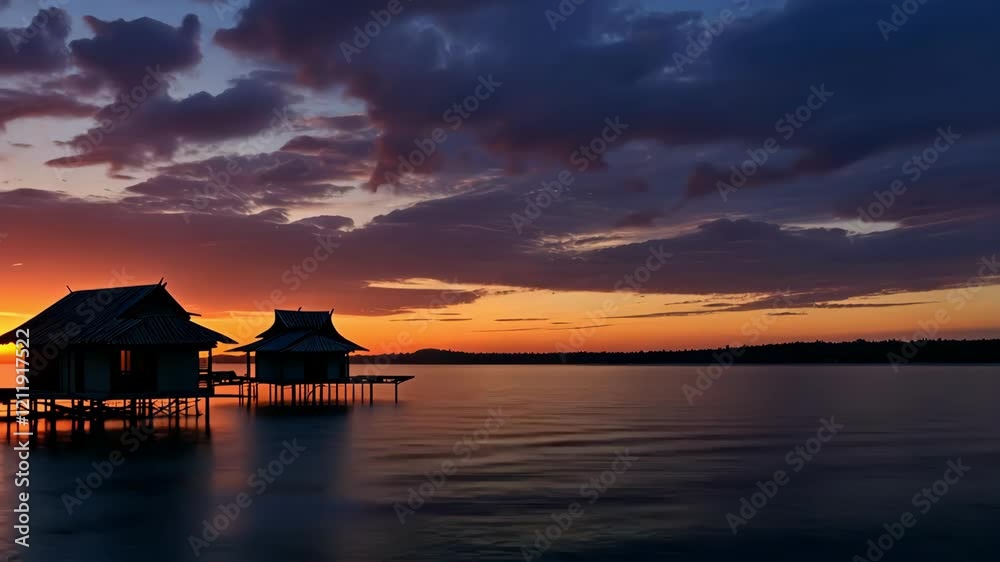 Sunset casts a warm glow over water, reflecting clouds and nearby houses, creating a serene outdoor environment focused on tranquility Sunset casts a warm glow over water, reflecting clouds and nearby houses, creating a serene outdoor environment focused on tranquility