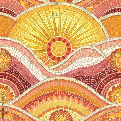 Abstract Warm toned Mosaic Pattern Sun Design Geometric Tiles Seamless Texture Autumn Colors