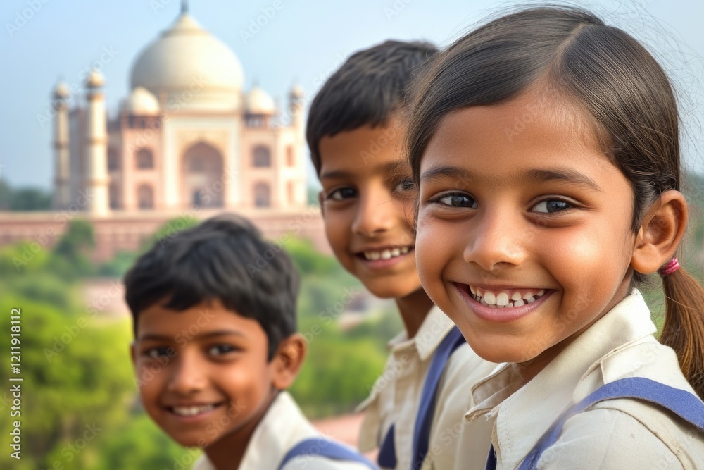 Young children gathered in a row, smiling and holding hands Young children gathered in a row, smiling and holding hands