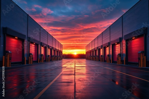 A vacant parking lot with a beautiful sunset in the background