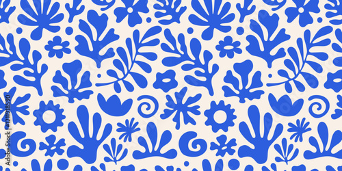 Vector seamless pattern in simple floral wavy and groovy naive style, flowers and plants, floral botanic hand drawn design templates, modern art prints, surface design