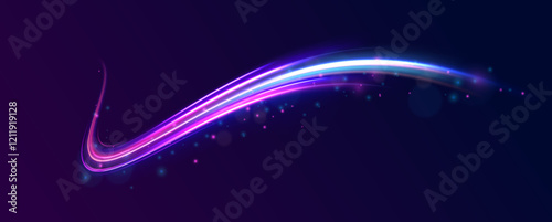 Vector glowing lines air flow effect. Light trail wave, fire path trace line, car lights, optic fiber and incandescence curve twirl. Big data traffic visualization, dynamic high speed, png, effect. 