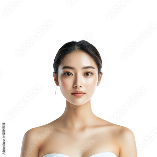 Portrait of a Beautiful Asian cosmetic model with clean skin , front view, no shadow, cut out, isolated on a transparent background