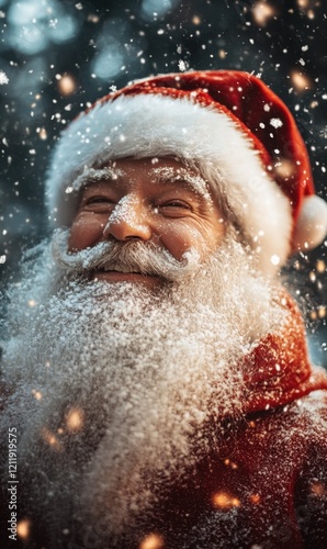 Joyful Santa Claus smiles amidst falling snow in winter wonderland