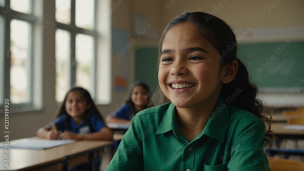 kid hispanic female in green shirt on classroom model portrait giggling for ad concept space for text kid hispanic female in green shirt on classroom model portrait giggling for ad concept space for text