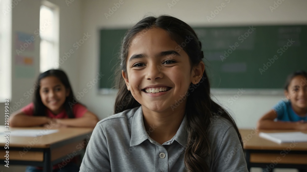 kid hispanic female in gray shirt on classroom model portrait giggling for ad concept space for text kid hispanic female in gray shirt on classroom model portrait giggling for ad concept space for text