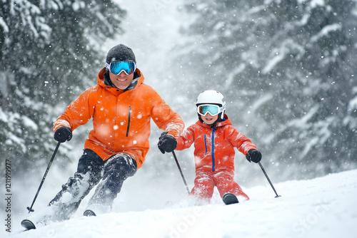 Father and son ski together through fresh powder on a serene forest trail on a sunny winter day photo