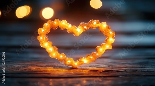 Decorative heart-shaped lights create a romantic atmosphere in a dimly lit environment photo