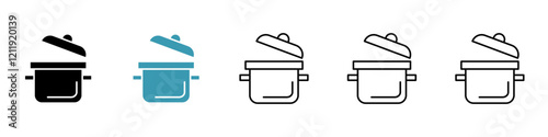 Cooking pot icons set in black and blue colors