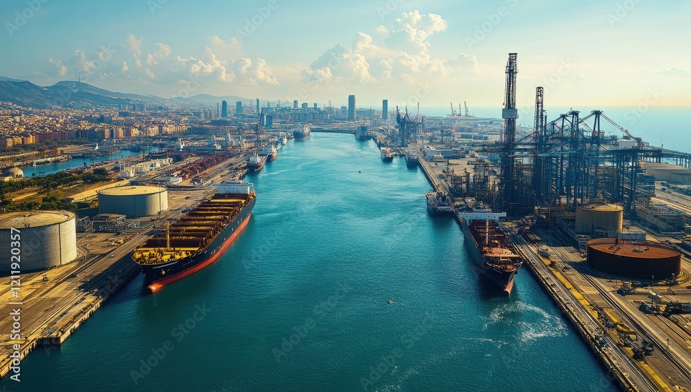 Naklejka premium Panoramic View of a Busy Port with Cargo Ships Docked in the Harbor Surrounded by Industrial Infrastructure and City Skyline Under a Blue Sky with Clouds