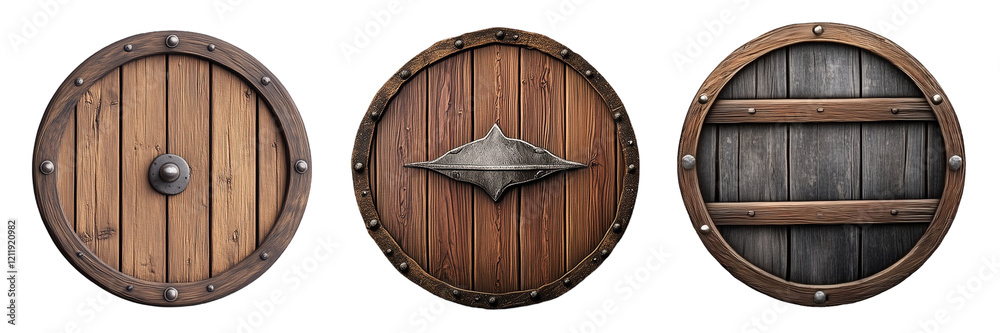 Fototapeta premium Set of Ancient Wooden Round Shields Isolated on Transparent Background, Vintage Medieval Weaponry with Detailed Metal Reinforcements