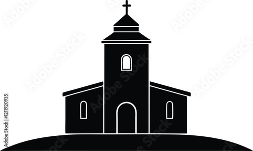 Simple Black Silhouette Church Icon, Steeple, Cross, Religious Building