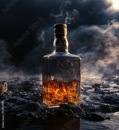 Whiskey Bottle, Baroque Still Life, Dark Background