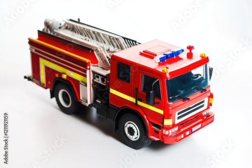 A small toy fire truck on a clean white background