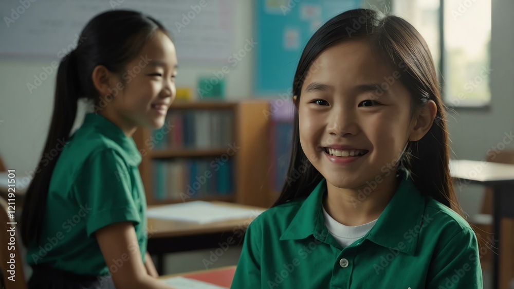 kid asian female in green shirt on classroom model portrait giggling for ad concept space for text kid asian female in green shirt on classroom model portrait giggling for ad concept space for text