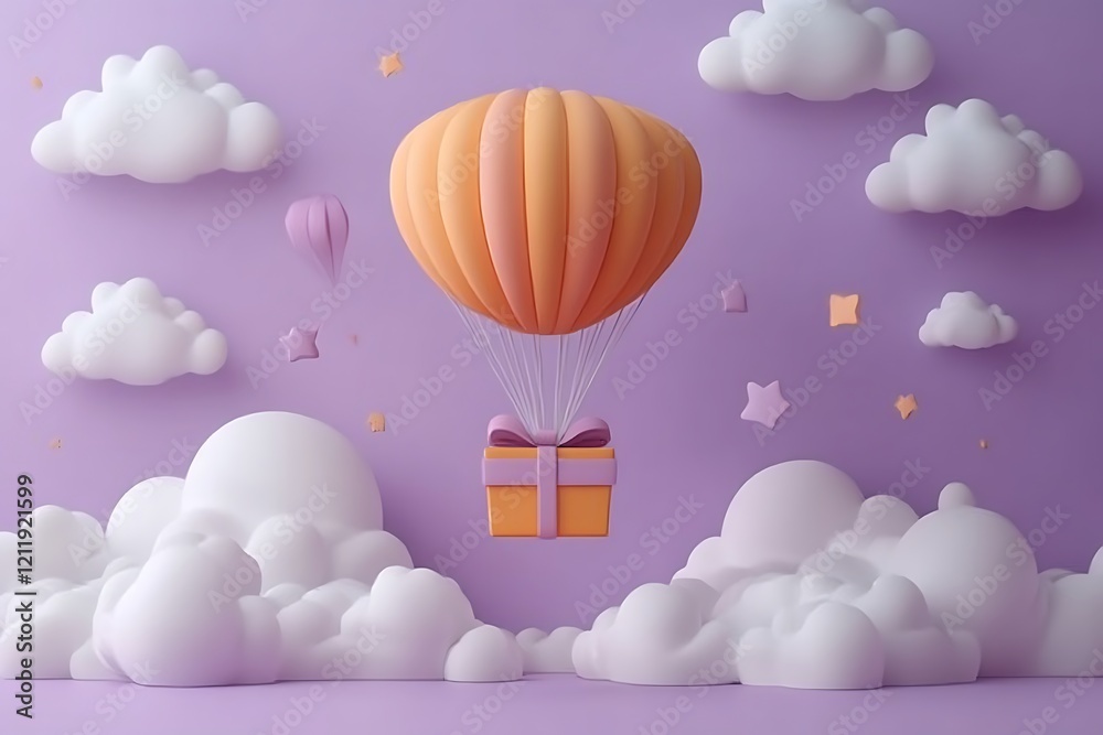 Obraz premium Hot air balloon with gift box on blue background. 