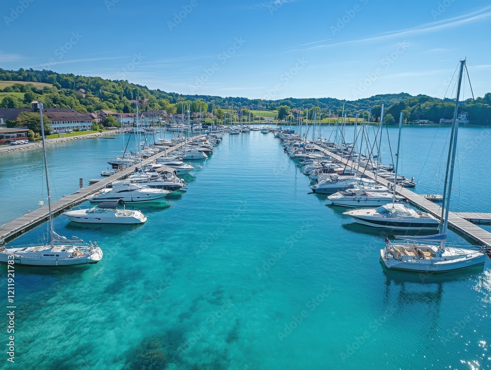 Serene Marina with Sailboats Docked in Clear Blue Water Under a Bright Sky Surrounded by Lush Green Hills and Picturesque Landscape Serene Marina with Sailboats Docked in Clear Blue Water Under a Bright Sky Surrounded by Lush Green Hills and Picturesque Landscape
