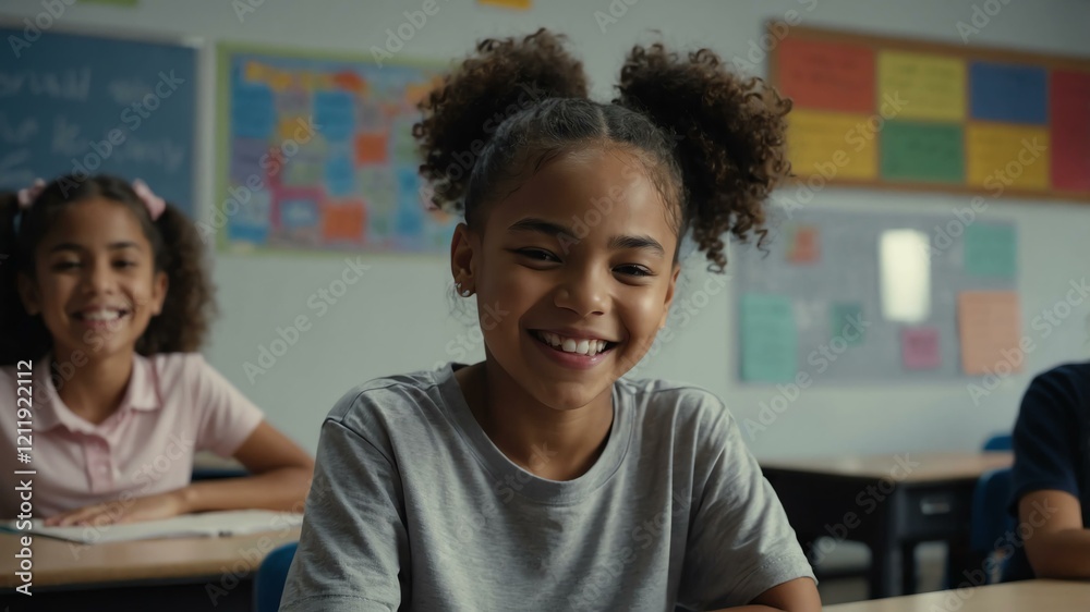 Fototapeta premium kid american female in gray shirt on classroom model portrait giggling for ad concept space for text