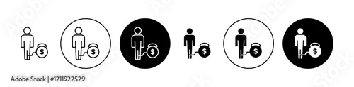 Man with weight debt icons set in black and blue colors