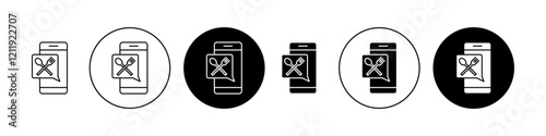 Mobile food ordering icons set in black and blue colors