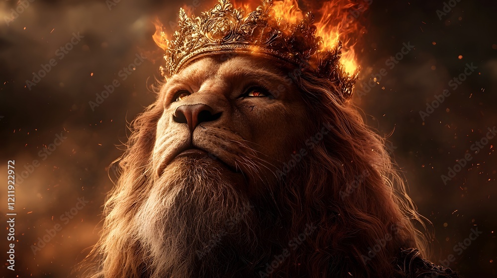 Obraz premium Majestic portrait of a powerful lion with a crown of fire glowing against a dark and dramatic backdrop evoking a sense of commanding presence and regal authority