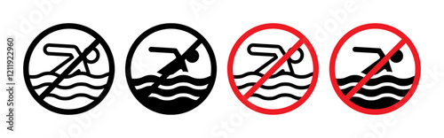 No swimming sign icons set in black and red colors