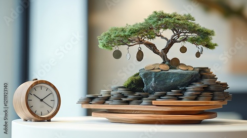 Money tree with coins and clock. Concept of investment, growth, and time.