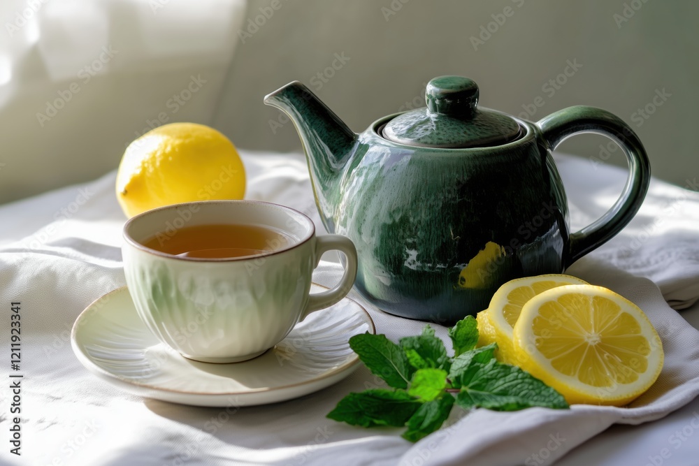 green clay teapot and tea cup, plate with mint leaves and lemon slice on the linen sheet green clay teapot and tea cup, plate with mint leaves and lemon slice on the linen sheet