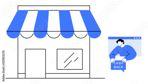 Small retail storefront with blue striped awning, cashback icon, and person engaging in online shopping. Ideal for business, e-commerce, retail, online shopping, customer rewards. Minimalist vector