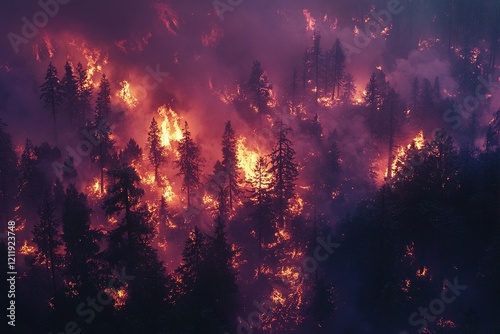 Wildforest fire burning forest trees eecological disaster smoke aerial view from helicopter danger death animals damage hazard blaze pollution tragedy 