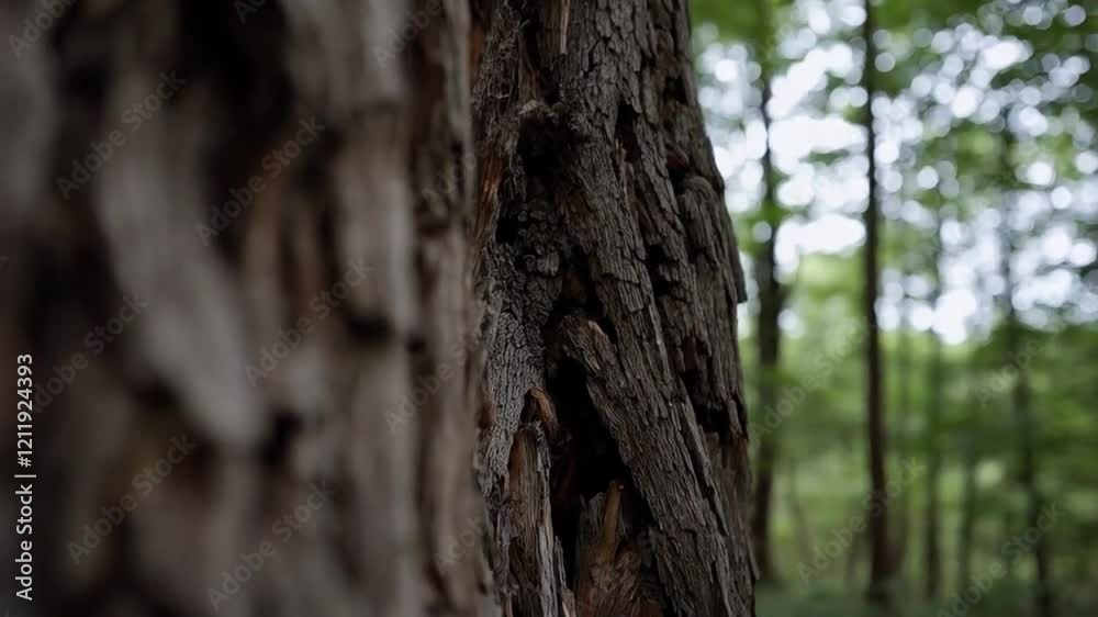 Close-up View of Textured Tree Bark Surrounded by Lush Greenery in a Forest Setting Close-up View of Textured Tree Bark Surrounded by Lush Greenery in a Forest Setting