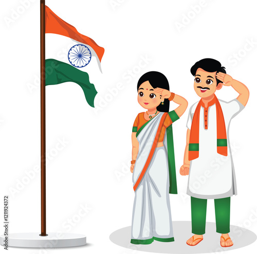 Indian Man And Woman Saluting The Indian Flag Vector Illustration