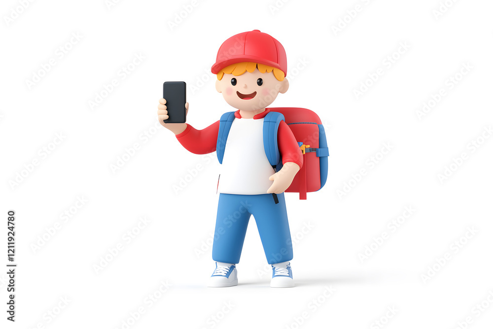 3D cartoon character of walking guy using cell phone and taking a selfie isolated on white background