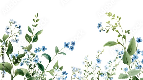 Wallpaper Mural Delicate Blue Flowers with Green Leaves on a White Background for Elegant Floral Designs Torontodigital.ca