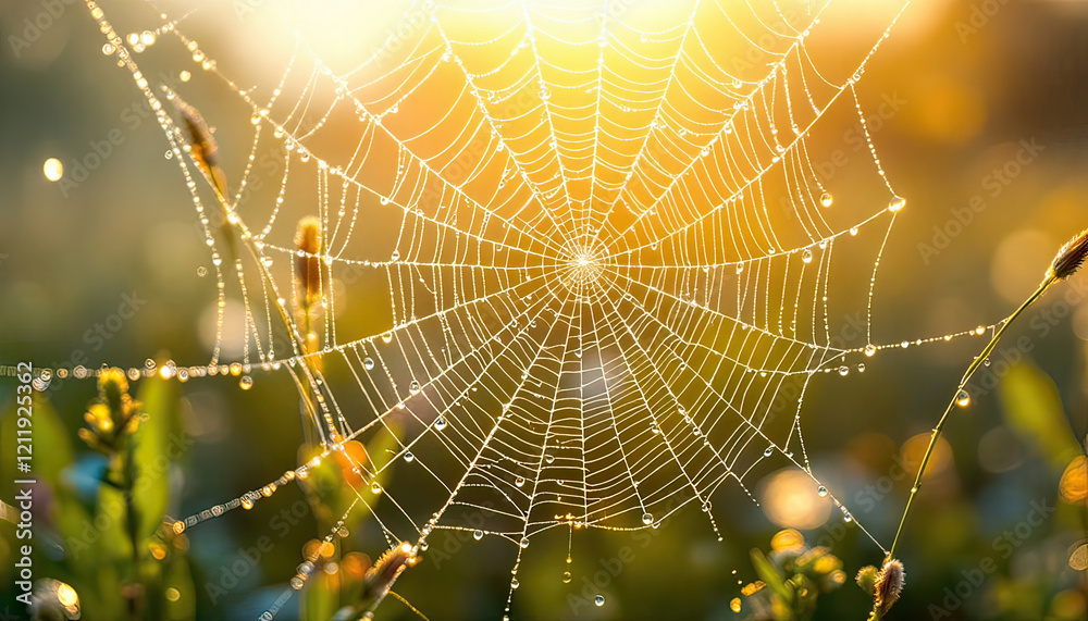 Naklejka premium Hyper-realistic image of a spider web covered in morning dew, set against a soft, blurred background of a meadow. The delicate droplets of dew cling to each thread of the web, creating tiny prisms tha