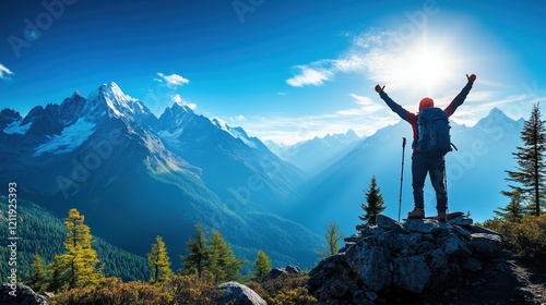 Hiker celebrating on a mountain peak during a bright sunny day with stunning landscape views