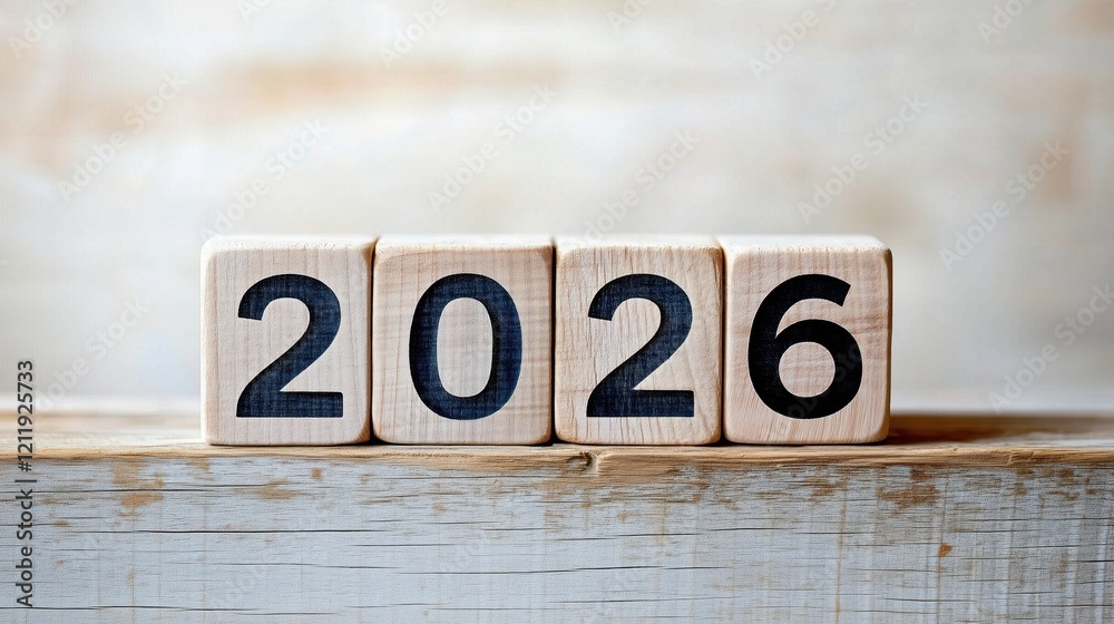 Wooden blocks display the year 2026 on a rustic surface with a neutral background and soft lighting Wooden blocks display the year 2026 on a rustic surface with a neutral background and soft lighting