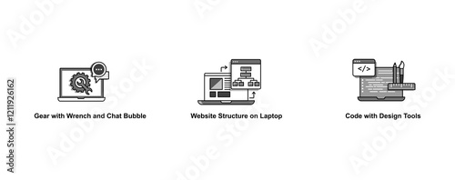 Collaborative Development Tools. Code with Design Tools, Gear with Wrench and Chat Bubble, Website Structure on Laptop