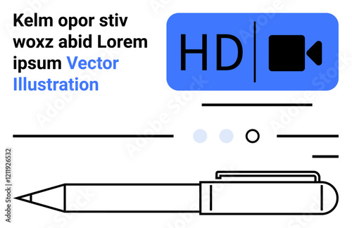 Pen, abstract shapes, HD video icon, sample text, blue details, black accents. Ideal for websites, tech logos, educational materials, video services, design portfolios, business presentations online