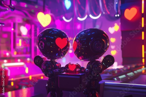 Two robots holding bright heart in vibrant neon lights