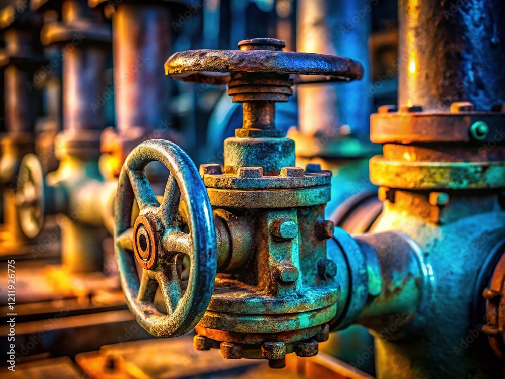 Macro Close-Up of Industrial Water Pipe Valve in Factory Setting Macro Close-Up of Industrial Water Pipe Valve in Factory Setting