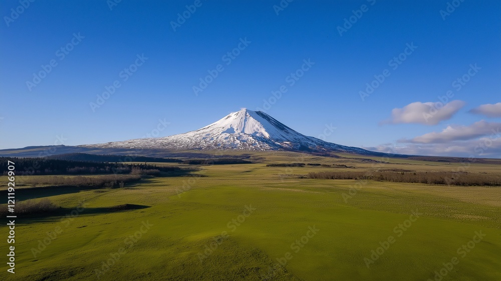 Fototapeta premium Aerial drone view of a snow-capped volcano with green field at summer