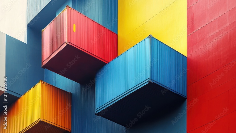 Vibrant Appeal of Colorful Shipping Containers Stacked on a Bright Abstract Wall, Showcasing Bold Hues and Modern Design Elements in Urban Architecture Vibrant Appeal of Colorful Shipping Containers Stacked on a Bright Abstract Wall, Showcasing Bold Hues and Modern Design Elements in Urban Architecture