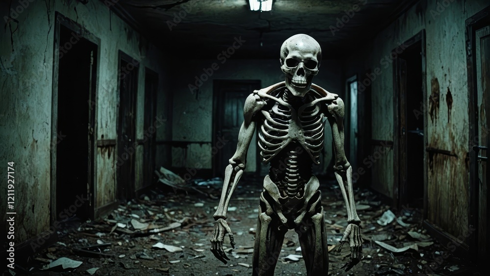 Eerie skeleton in a dimly lit, abandoned hallway, evoking a sense of horror and decay Eerie skeleton in a dimly lit, abandoned hallway, evoking a sense of horror and decay